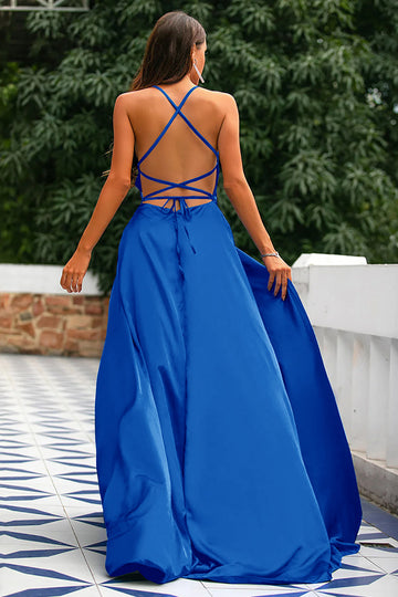 Blu Reale A-Line Spalline sottili Senza schiena Abito da ballo lungo in raso con fessura